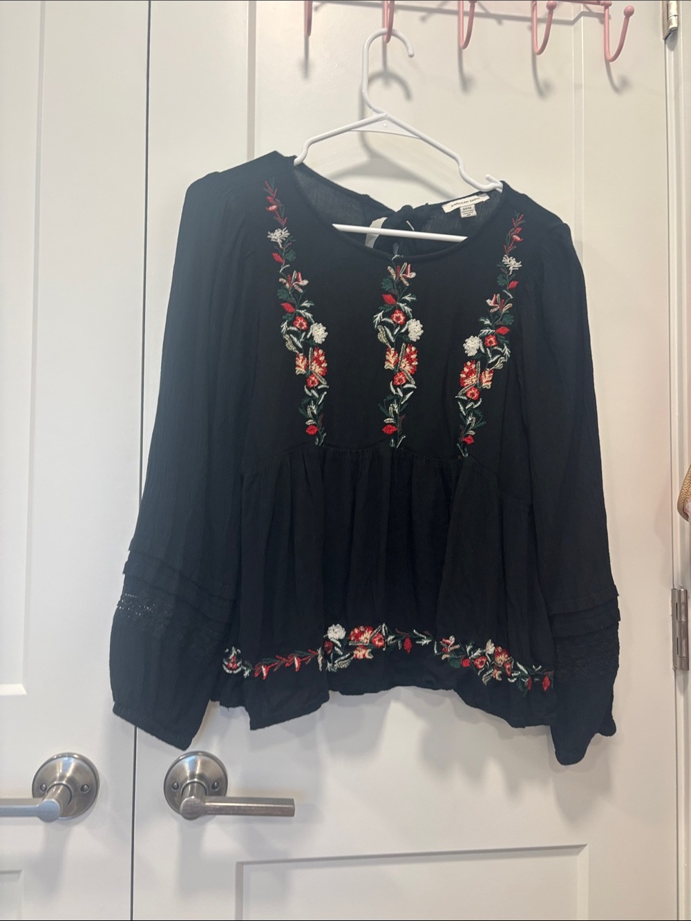 American Eagle Outfitters Black Boho Embroidered Peasant Blouse
